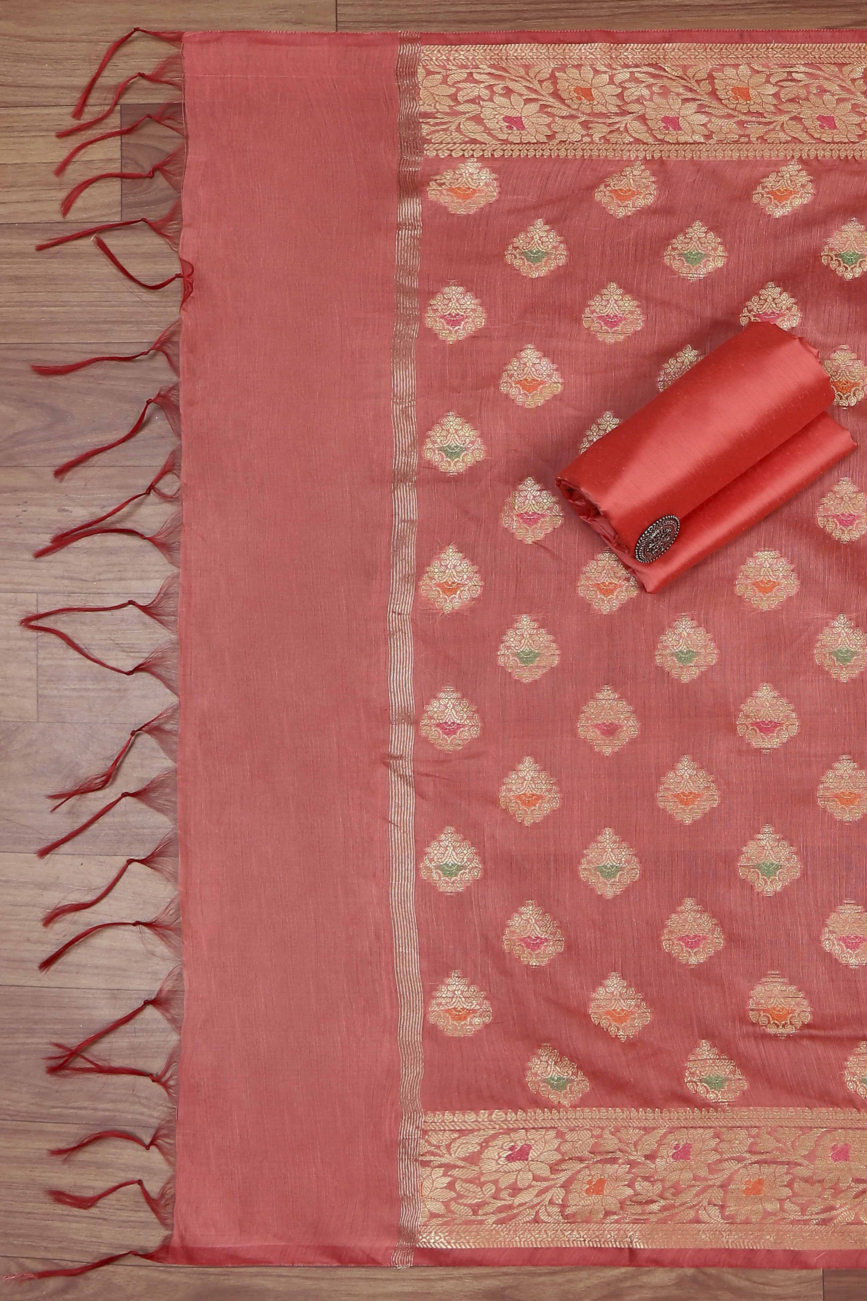 Hot Pink Poly Cotton Banarasi Unstitched Suit Set image number 3