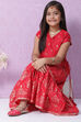 Red Art Silk Printed Short Top Lehenga Set image number 7
