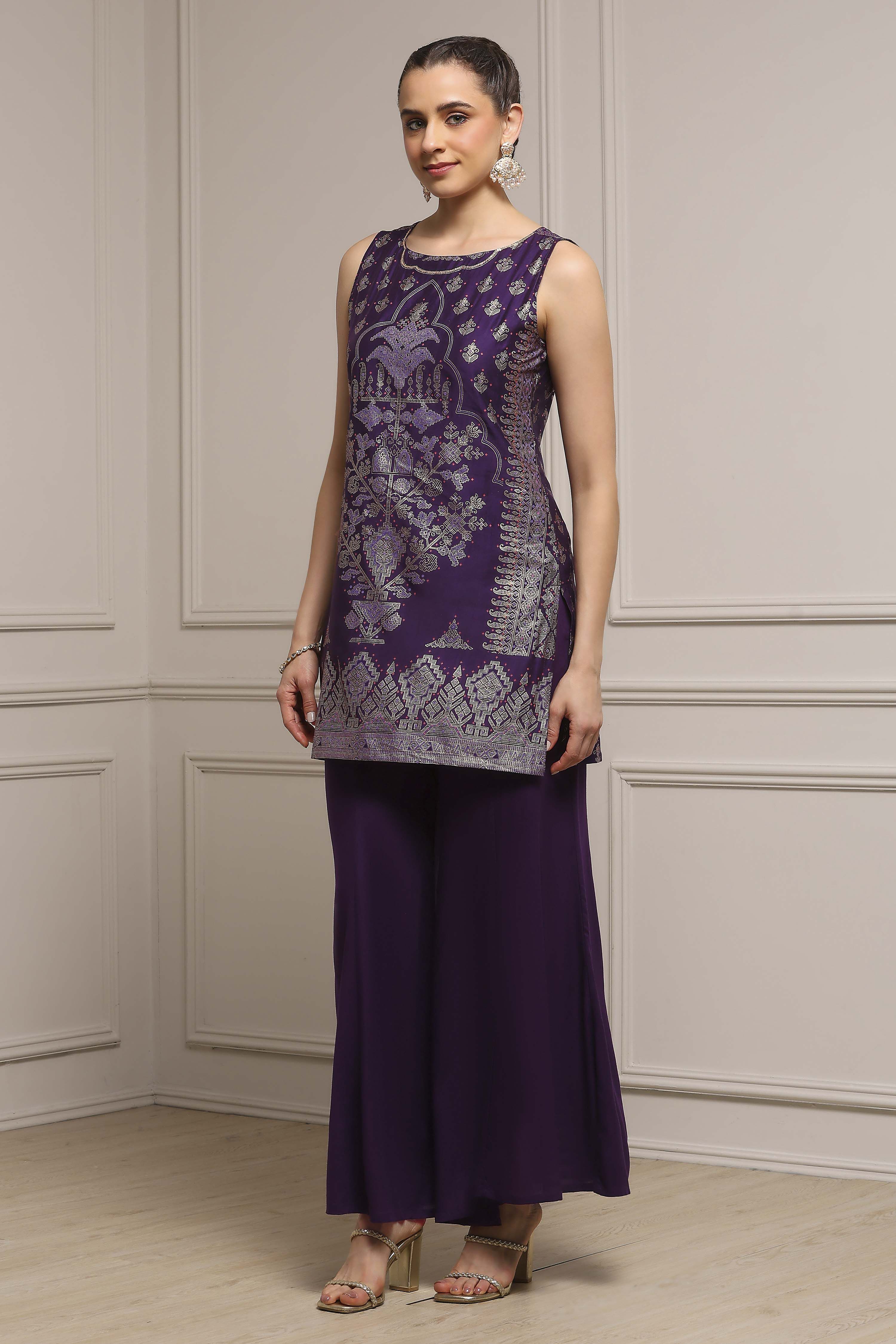 Purple Viscose Blend Straight Printed Kurta Pants Set image number 3