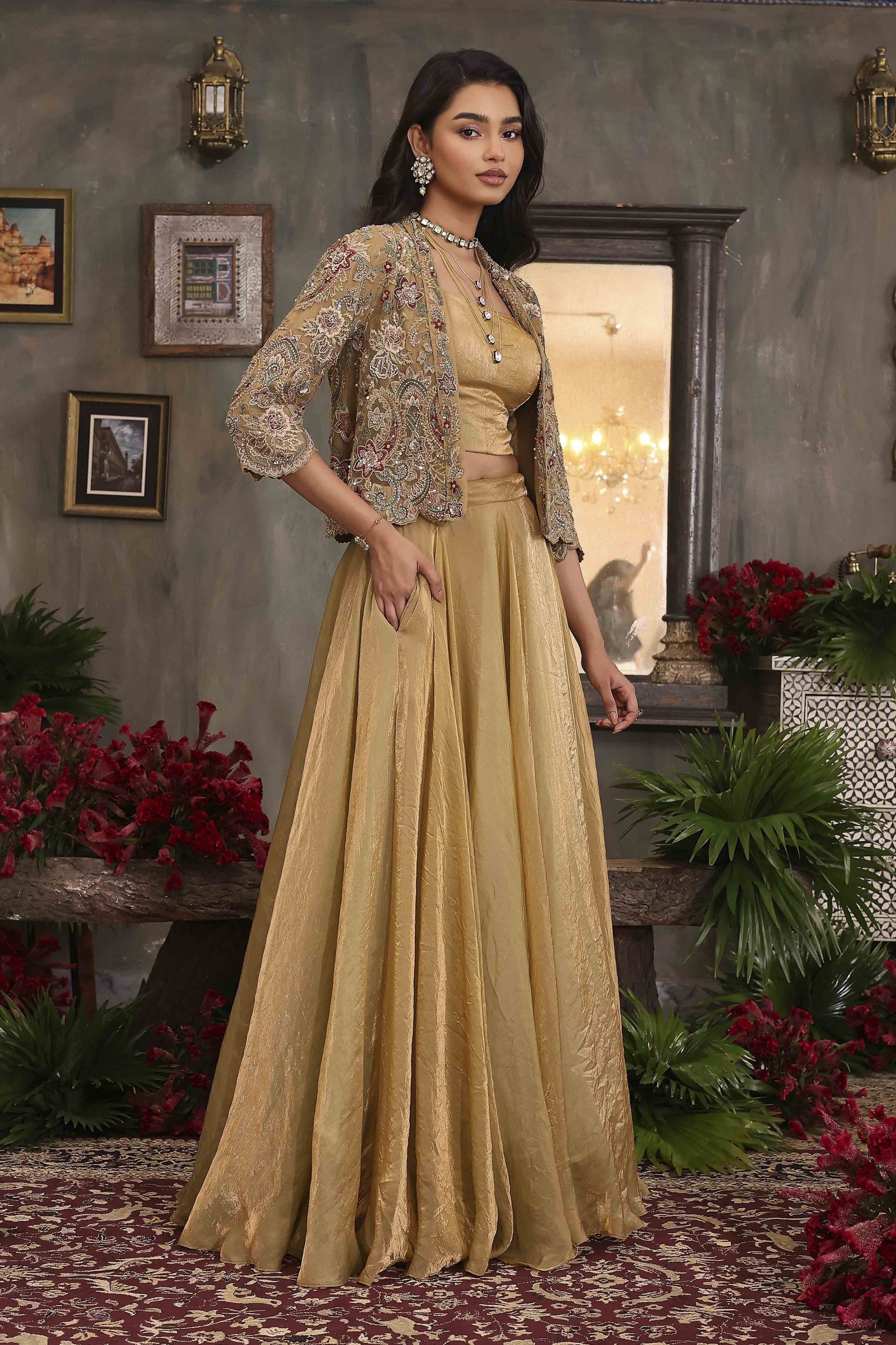 Gold Art Silk Regular Lehenga Set image number 5
