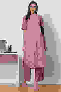Pink Clay Cotton Straight Fusion Yarndyed Kurta Set image number 6