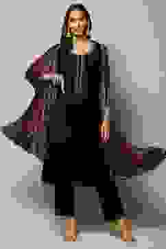 Black Cotton Straight Kurta Pants Suit Set image number 0