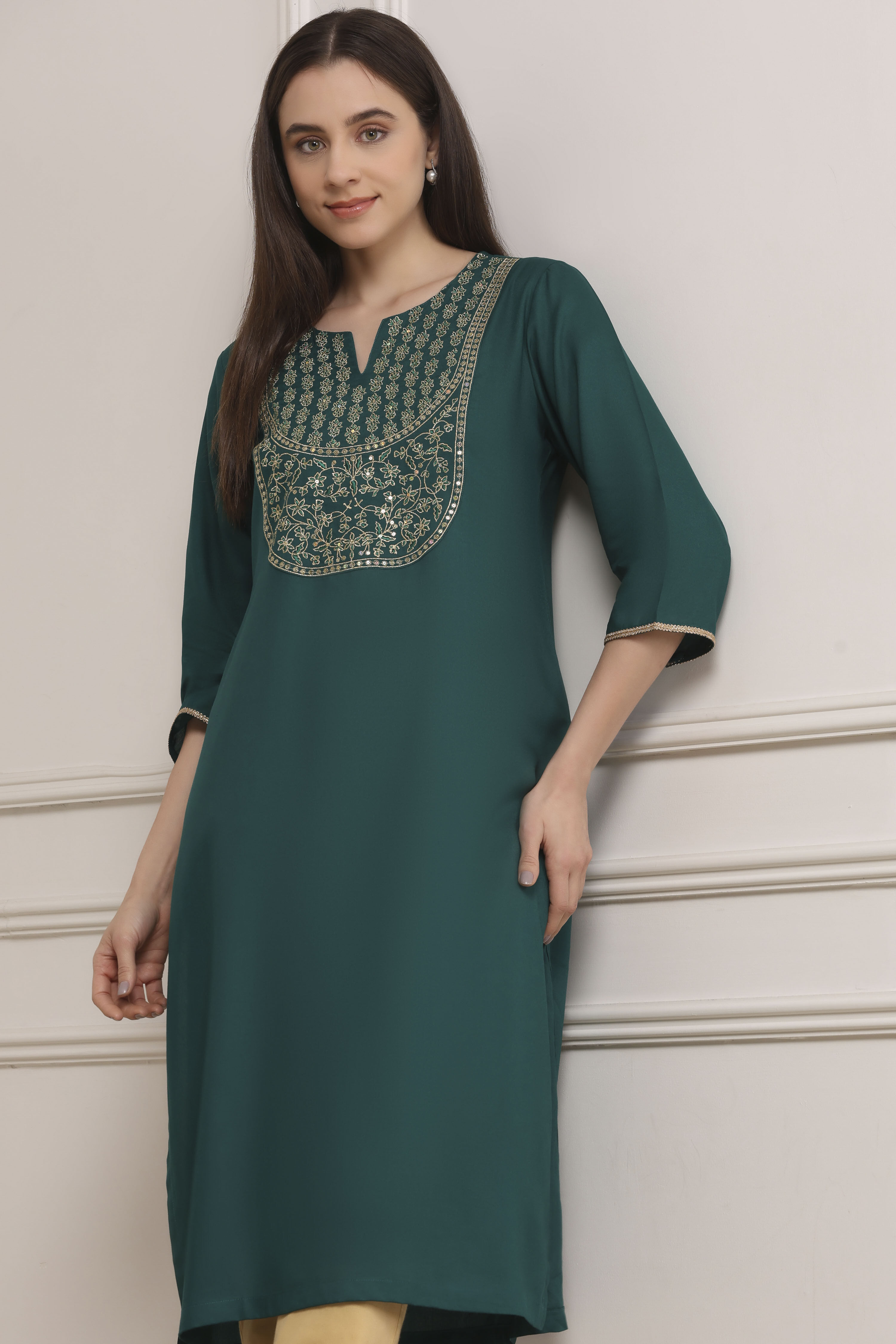 Teal Green Solid Straight Kurta image number 6