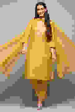Mango Yellow Voile Narrow Kurta Pant Suit Set image number 0