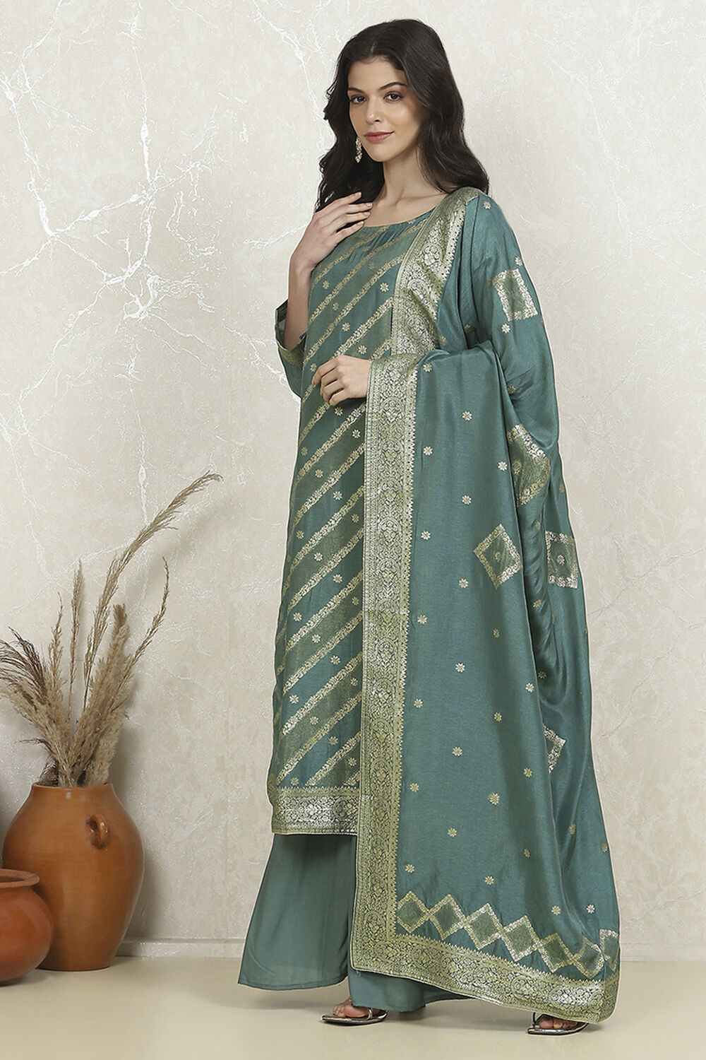 Pink Cotton Printed Embroidered Unstitched Suit Set image number 4