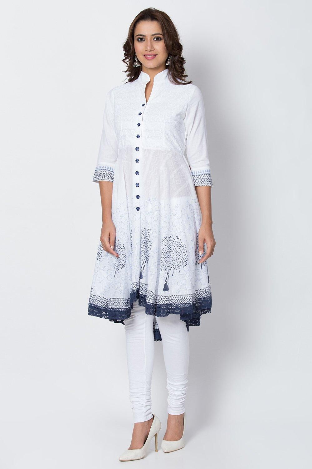 White & Blue Cotton Anarkali Kurta Churidar Suit Set image number 3