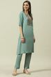 Sage Green Solid LIVA Straight Kurta Slim Pant Suit Set image number 3