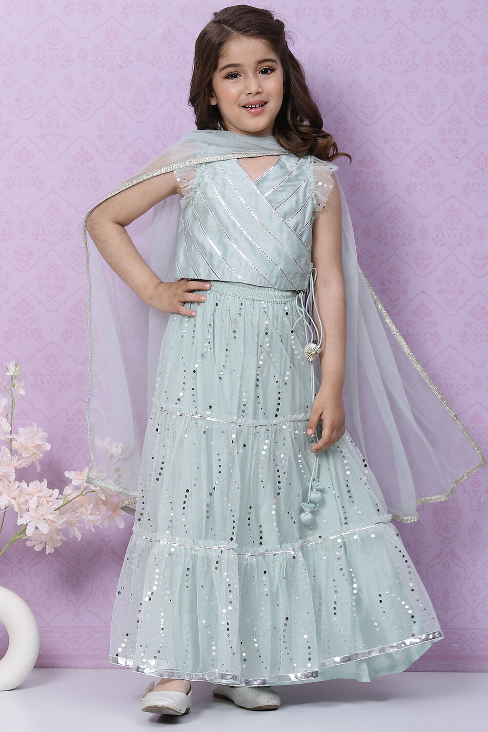 Powder Blue Art Silk Flared Lehenga Set image number 7