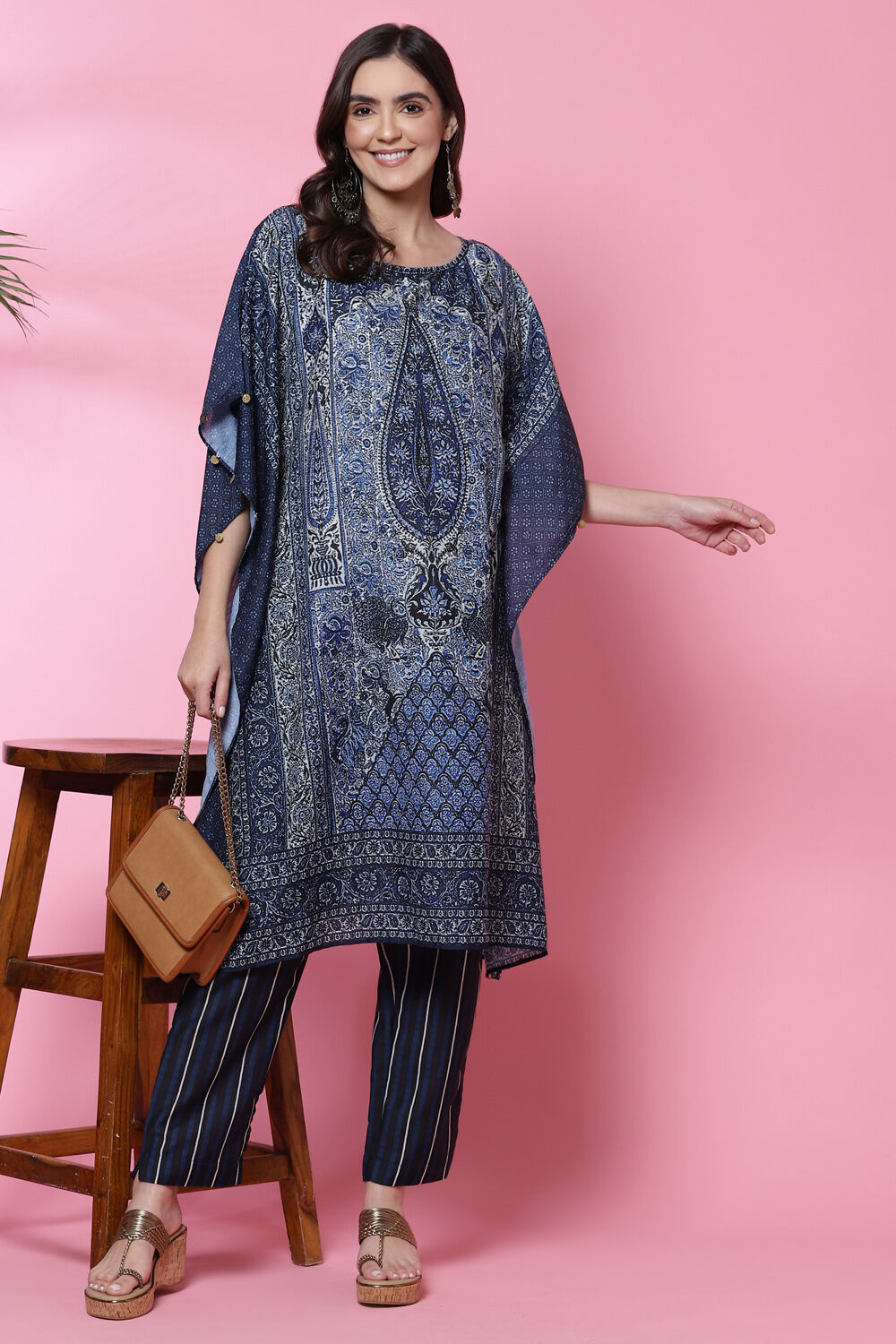Indigo Art Silk Kaftan Set image number 5