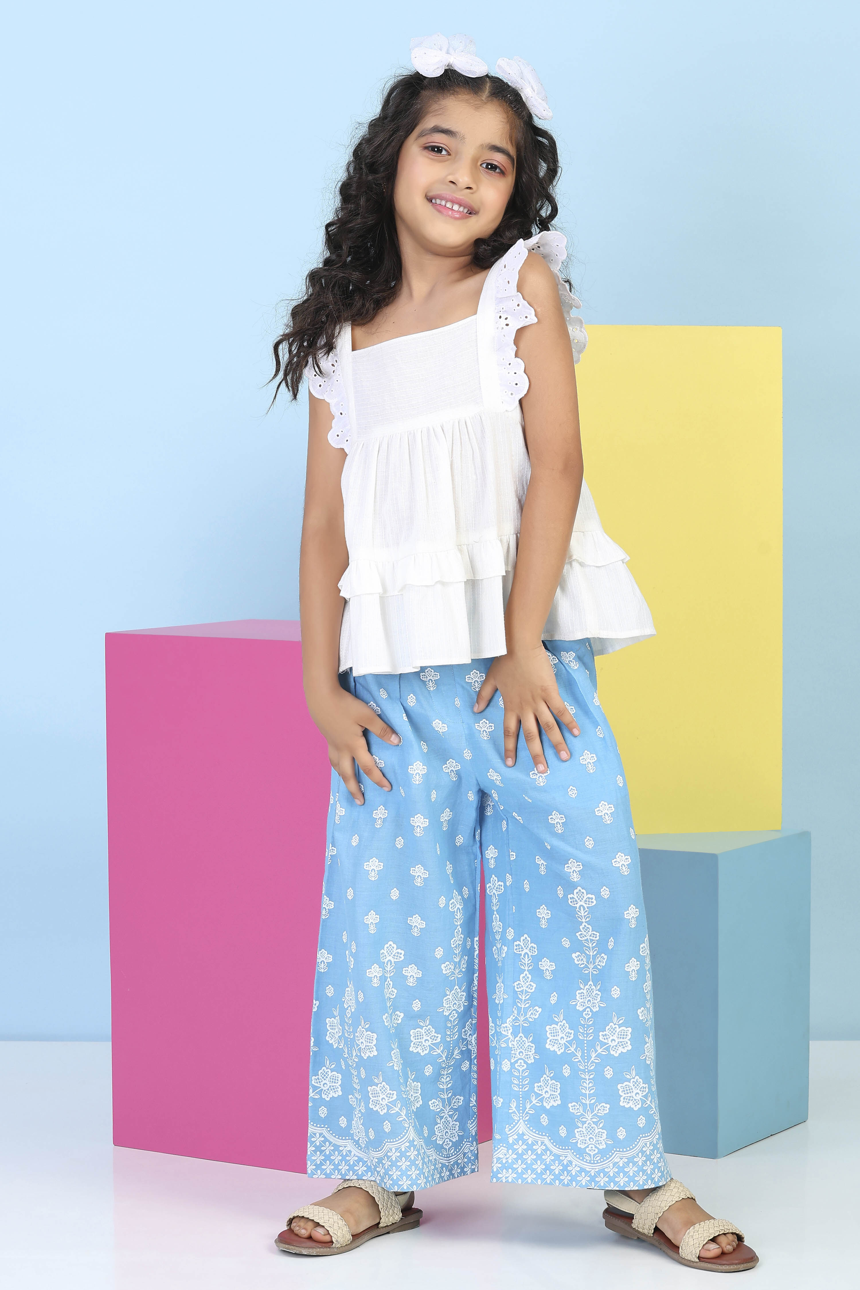 White Cotton Printed A-line Suit Set image number 6