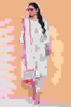 Off White Cotton Straight Kurta Regular Pant Suit Set image number 0