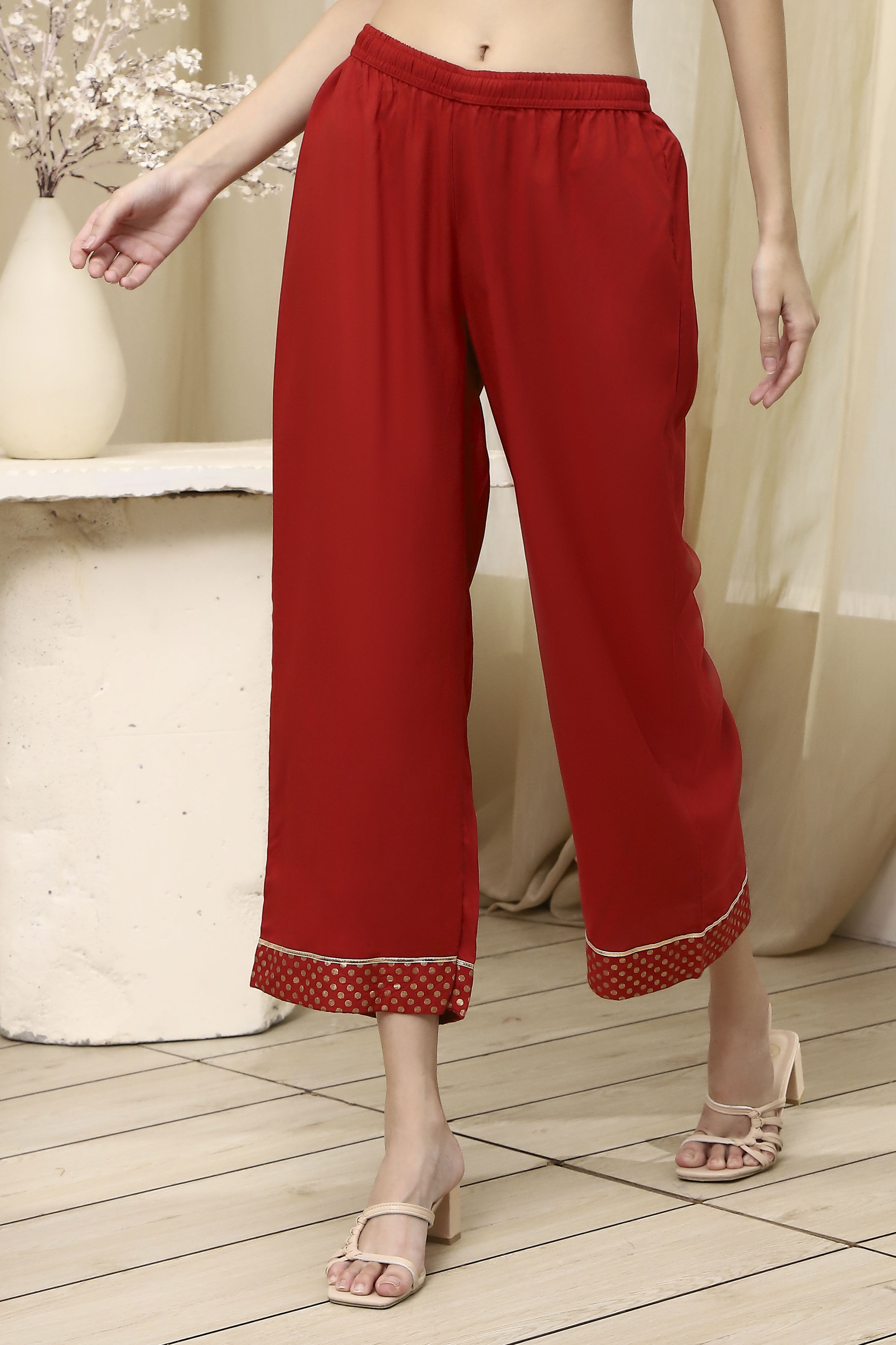 Red Dyed Straight Palazzos image number 3