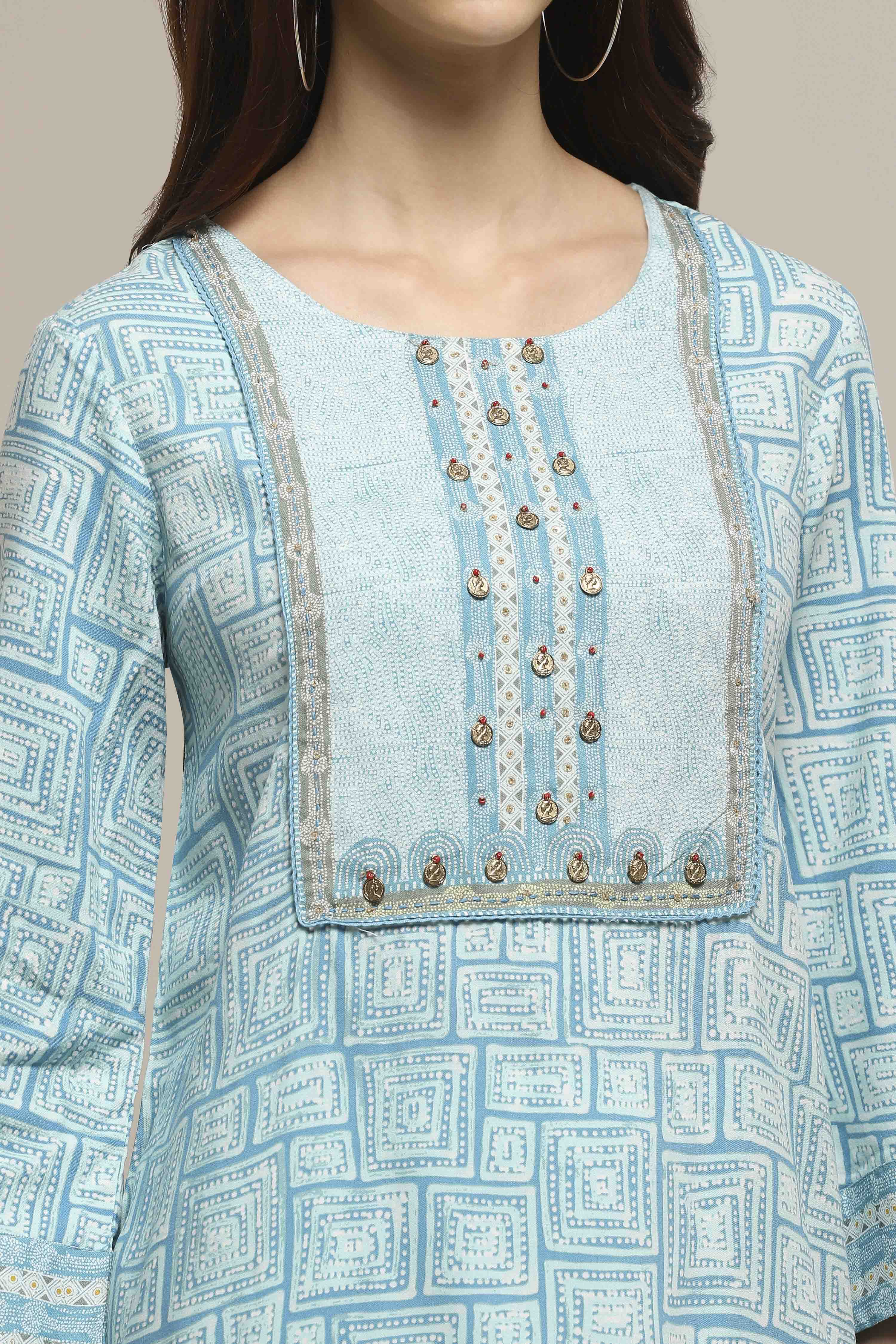Aqua Blue Rayon Printed Kurti image number 1