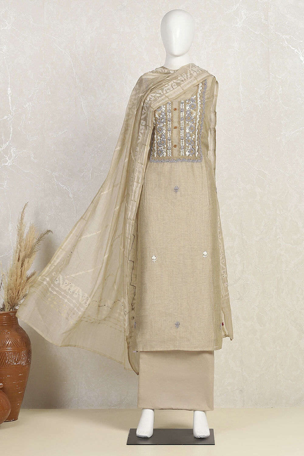 Beige Cotton Printed Embroidered Unstitched Suit Set image number 4