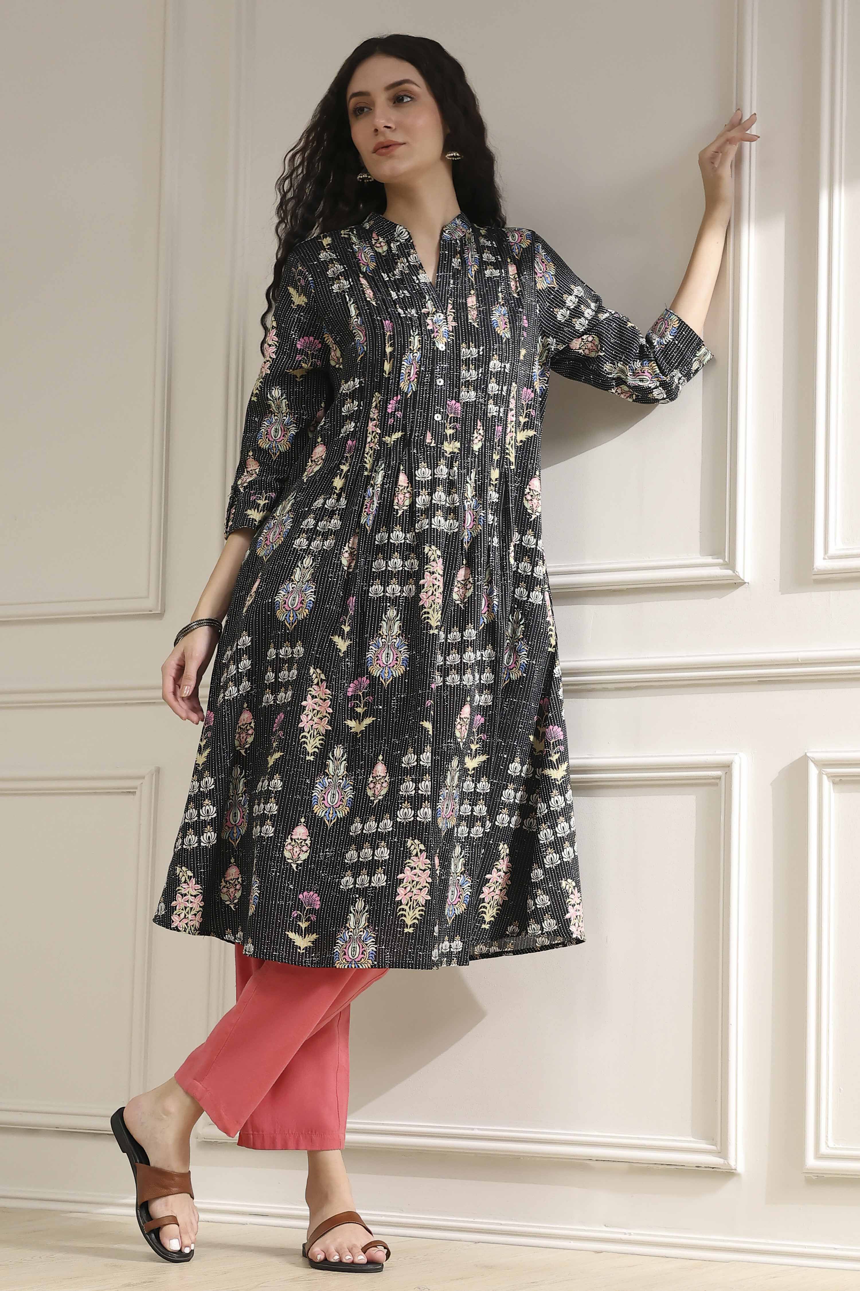 Black Cotton Printed A-Line Kurta image number 0