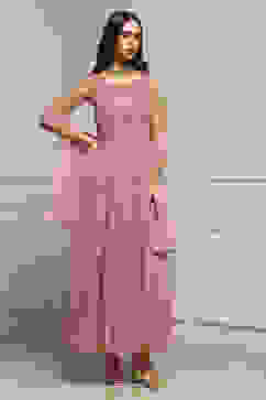 Blush Pink Polyester Flared Solid Dress image number 4