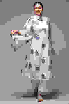 Off White Cotton Blend A-Line Kurta Palazzo Suit Set image number 0