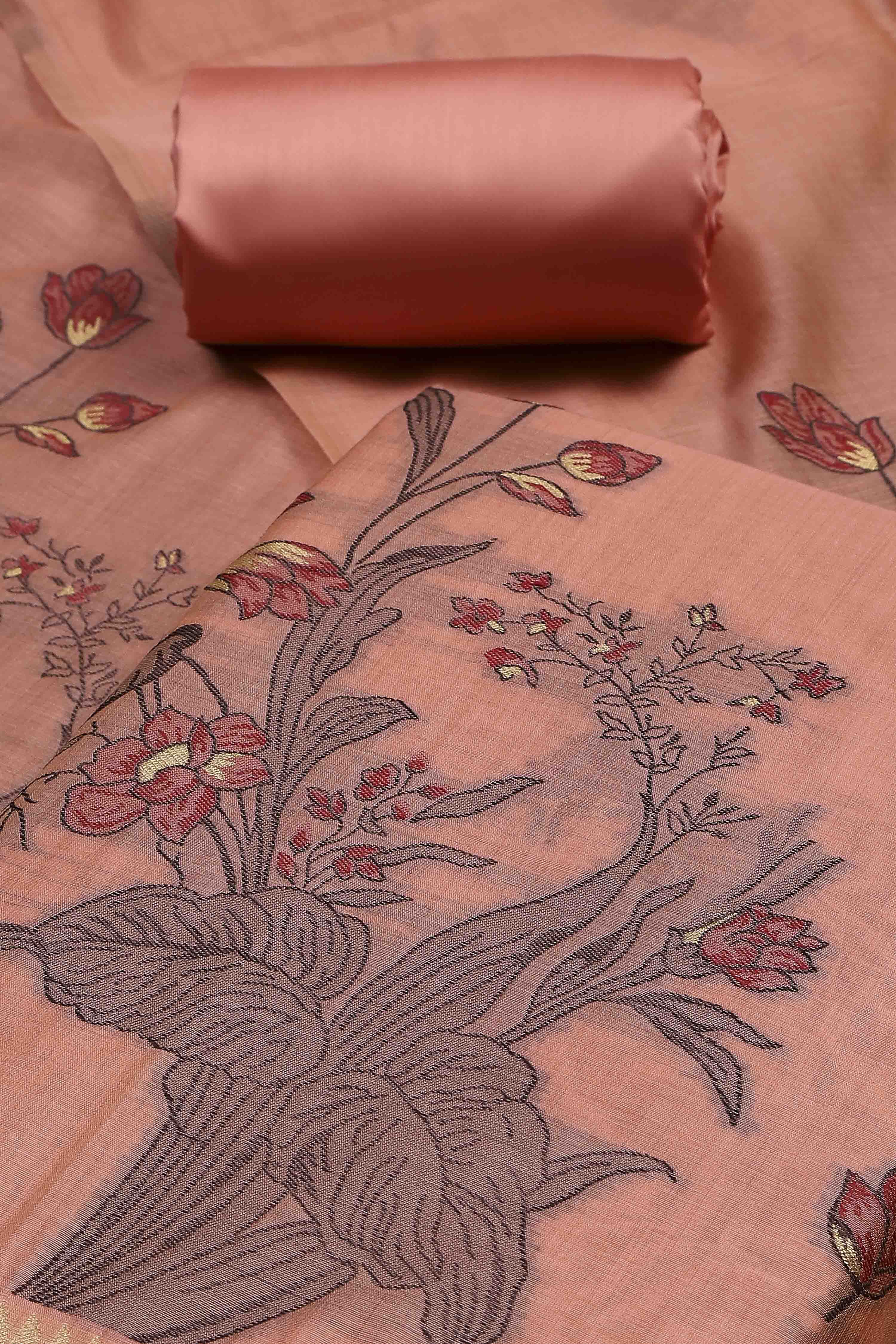 Peach Cotton Jamdani Unstitched Suit Set image number 1