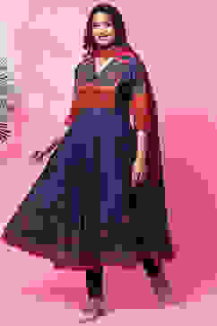 Blue Cotton Anarkali Kurta Churidar Suit Set image number 2