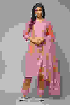 Light Coral Cotton Straight Kurta Pants Suit Set image number 1