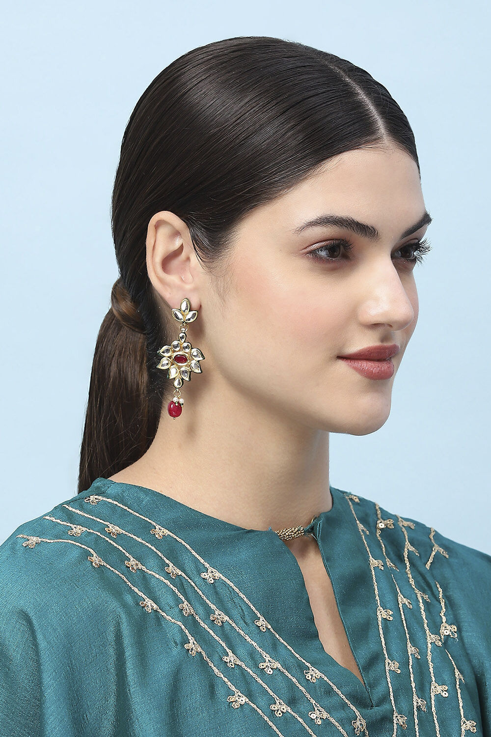 Red Kundan Festive Drop & Danglers image number 1