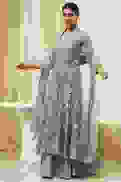 Turquoise Floral Butterfly Net Festive Anarkali Lehenga Set image number 4