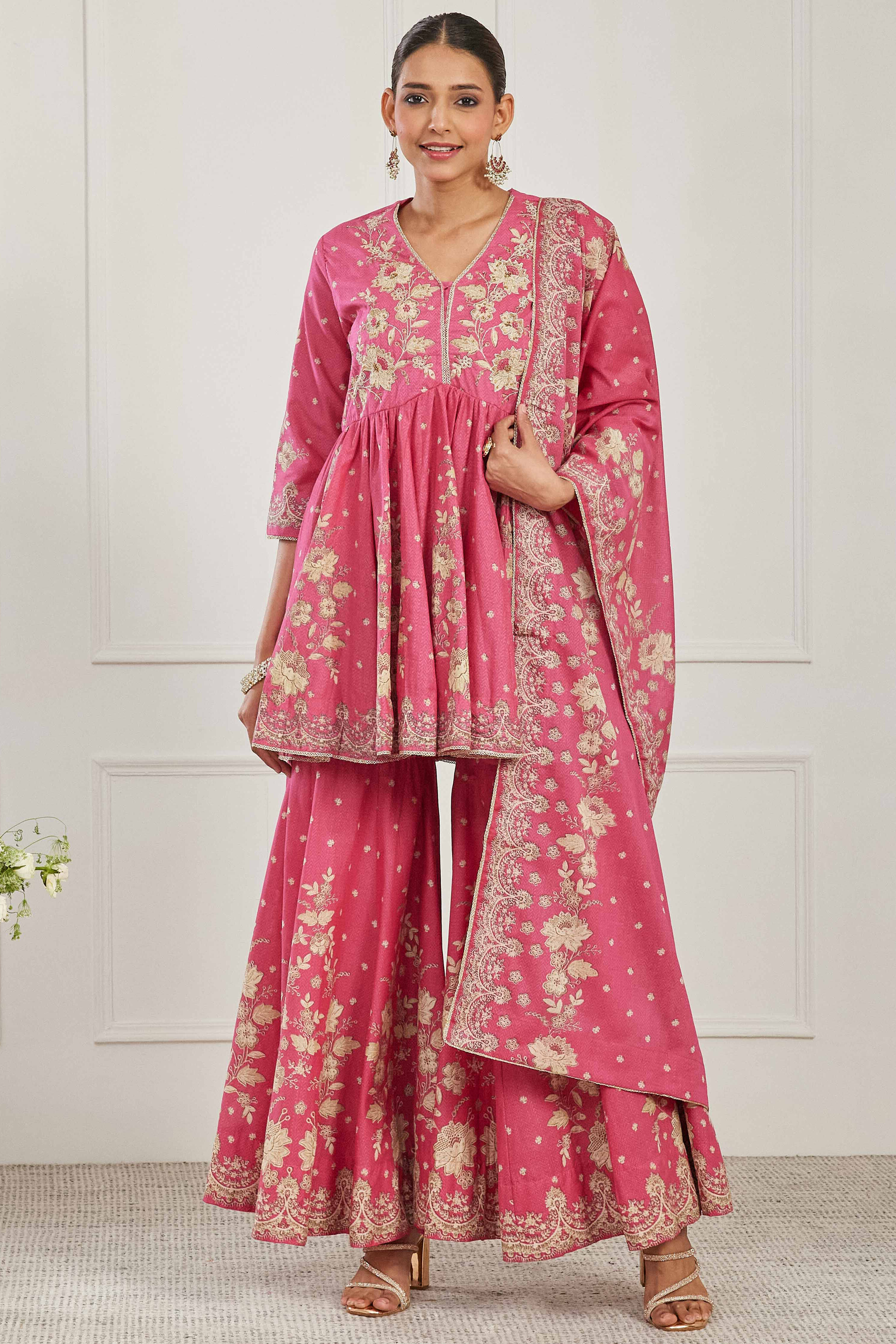Pink Cotton Floral Embroidered Garara Kurta Set image number 0