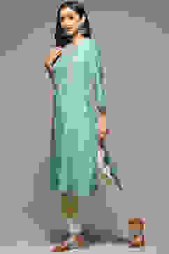 Sea Green Cotton Blend Straight Yarndyed Kurta image number 5