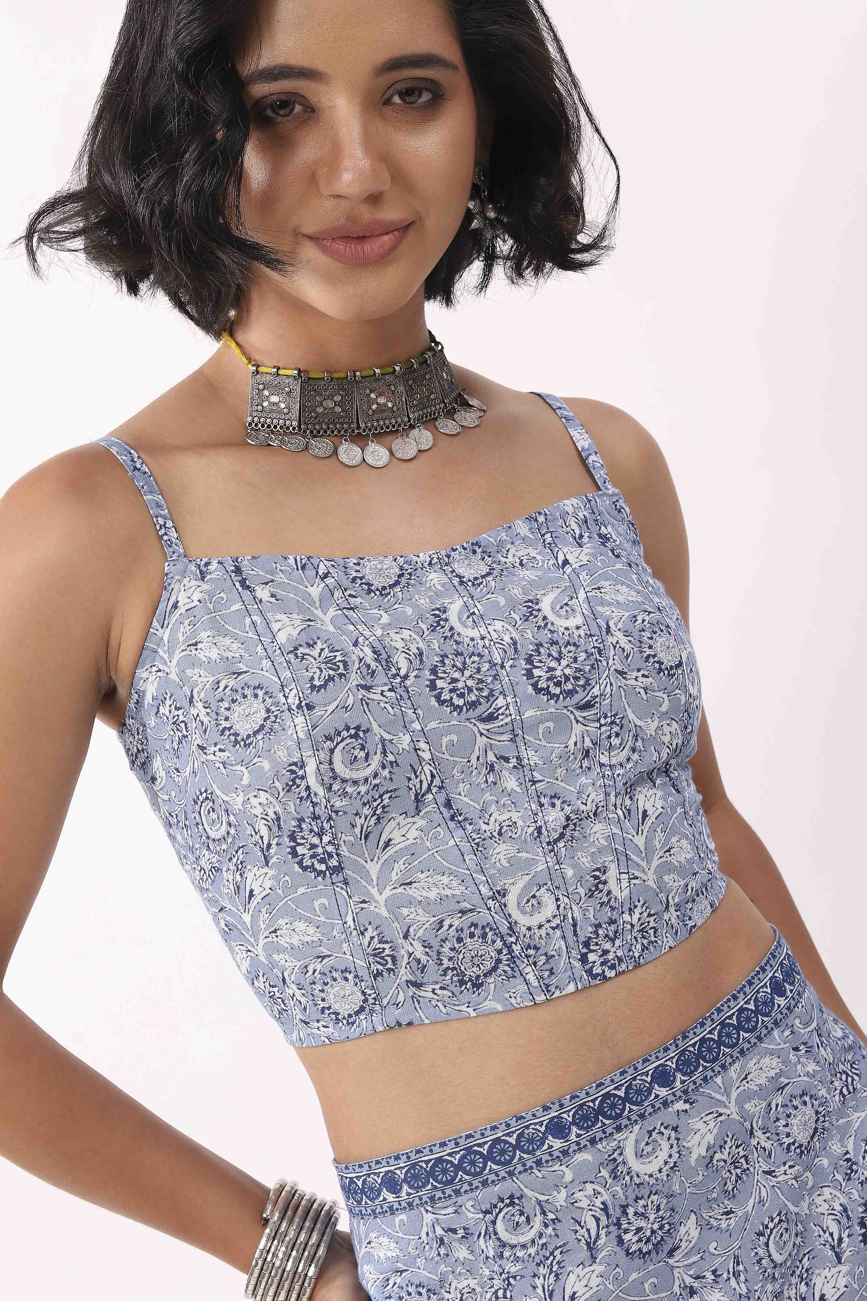 Blue Cotton Floral Lace-Up Back Crop Top image number 5