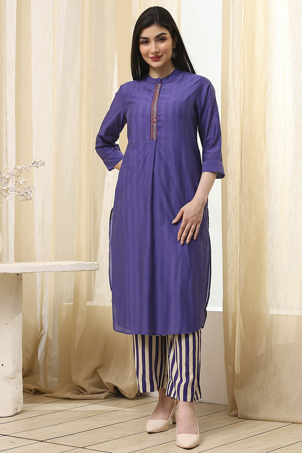 Blue Striped Layered Kurta Set image number 0