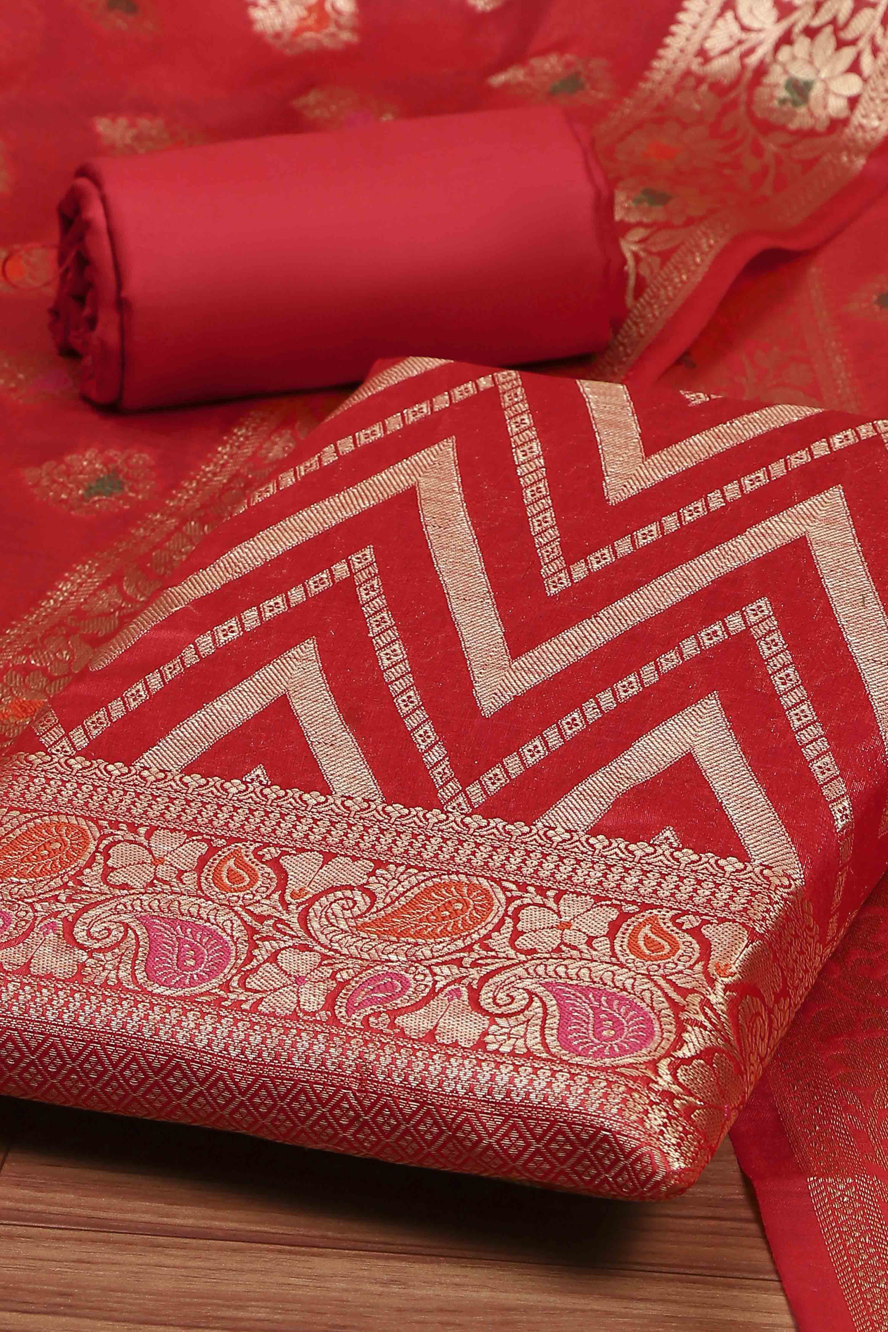 Hot Pink Poly Cotton Banarasi Unstitched Suit Set image number 1