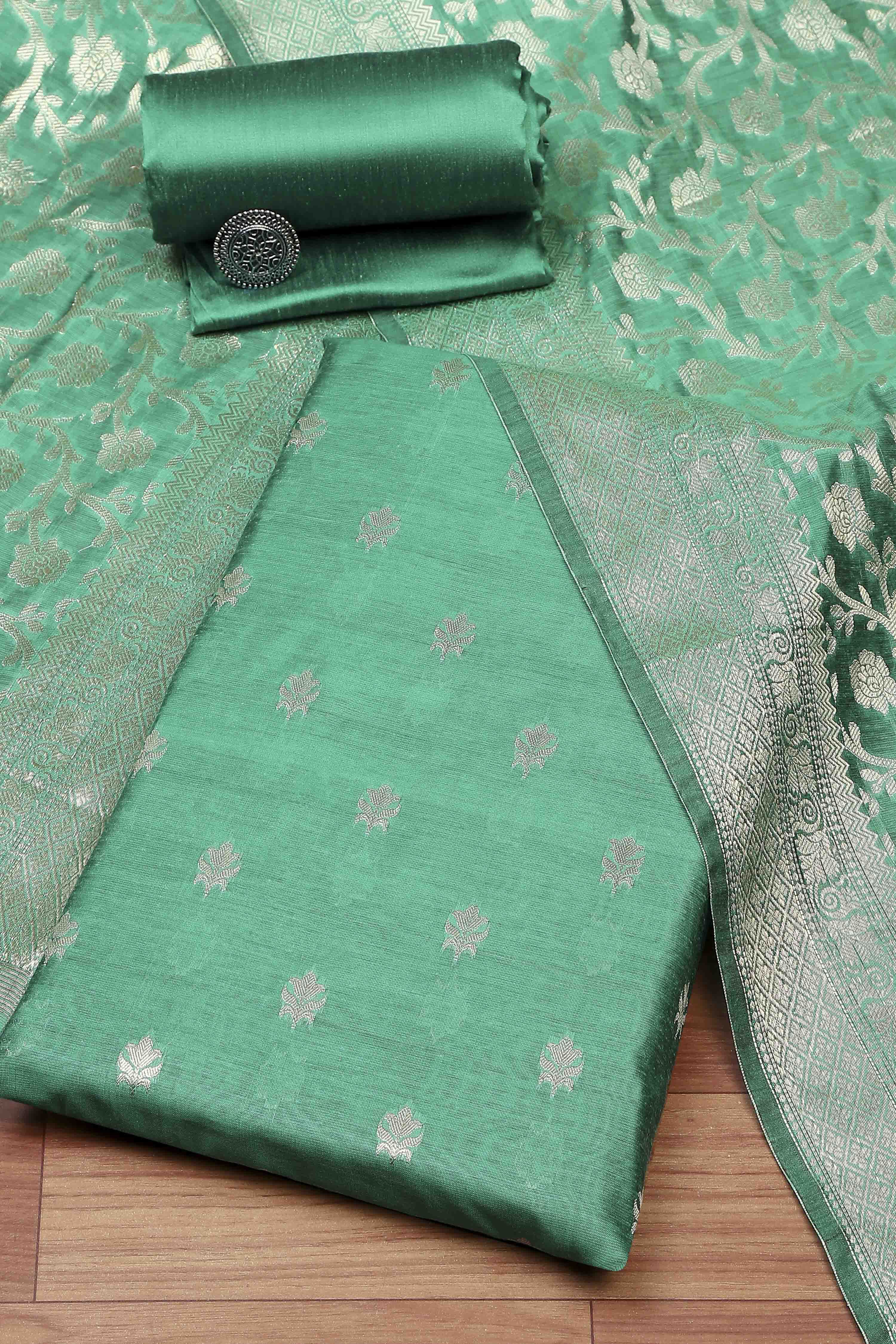 Green Cotton Printed Embroidered Unstitched Suit Set image number 0