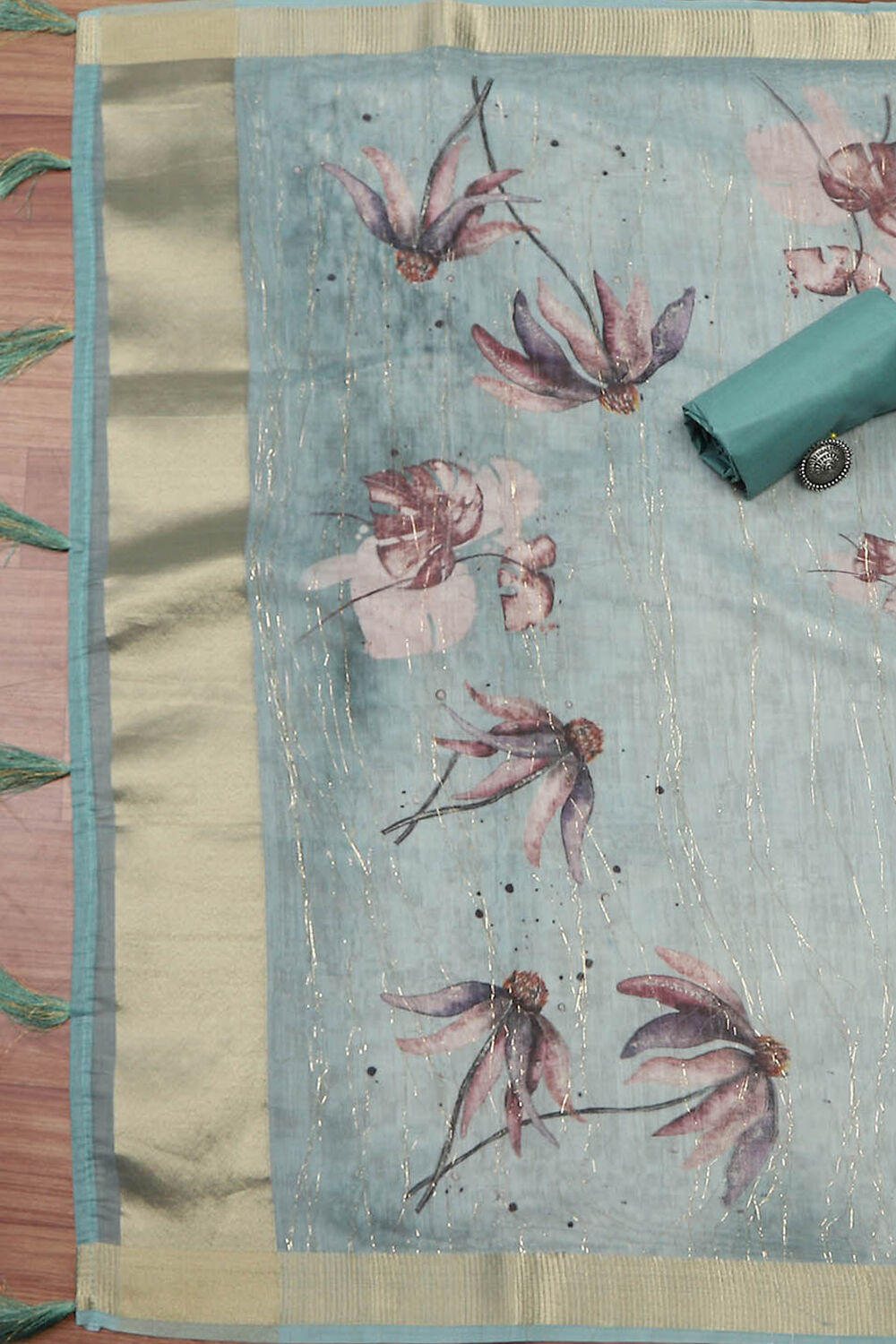 Mint Green Chanderi Double Dupatta Unstitched Suit Set image number 3