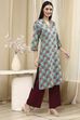 Teal Cotton Printed Straight Kurta image number 4