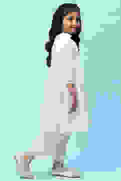 White Cotton Viscose Khadi Print Gathered Suit Set image number 6