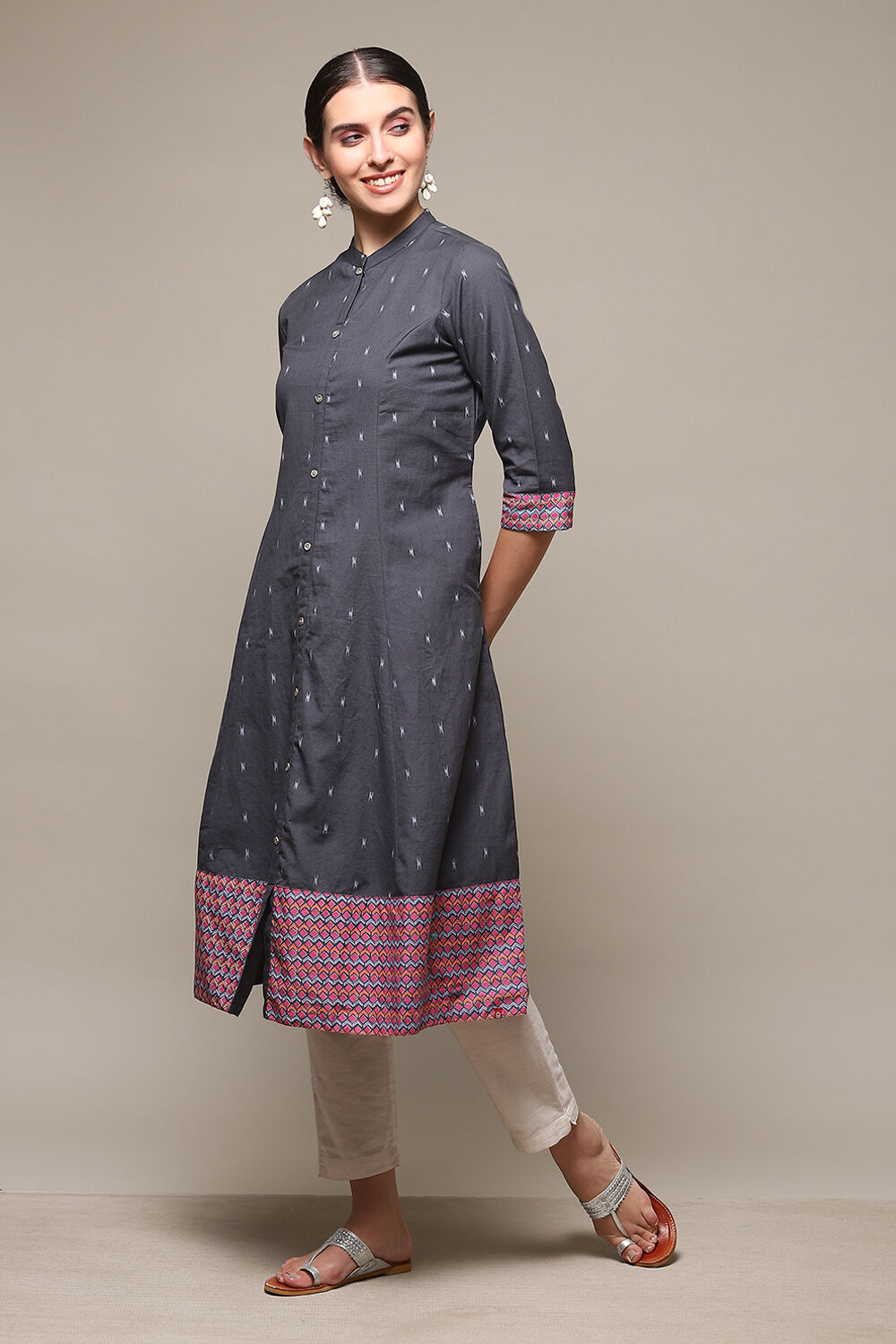 Blue Cotton Blend A-Line Printed Kurta image number 5