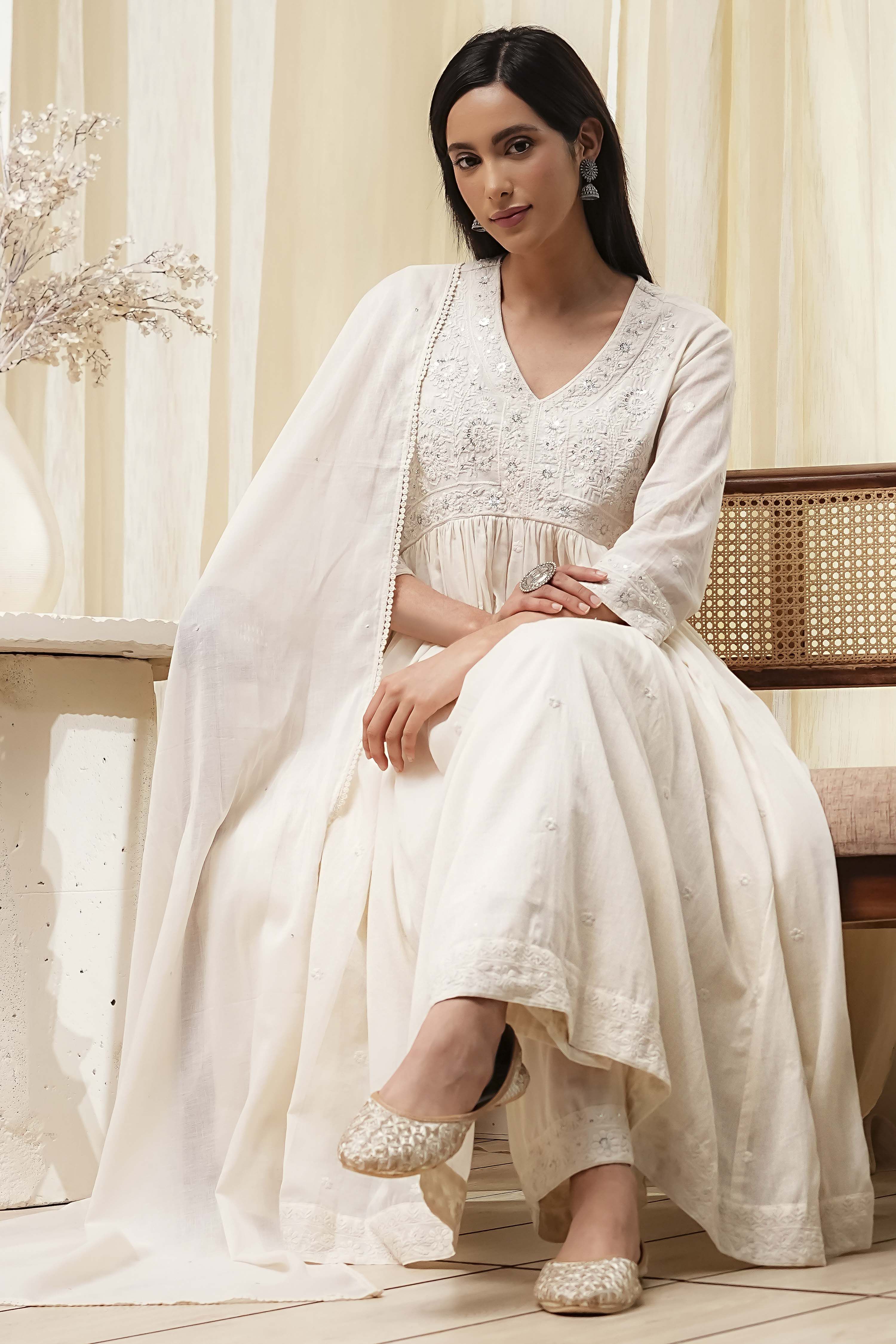 Off-White Cotton Embroidered Gathered Suit Set image number 0