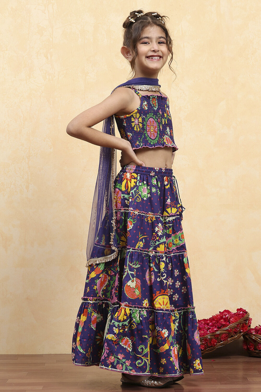 Purple Cotton Printed Tiered Lehenga Set image number 5