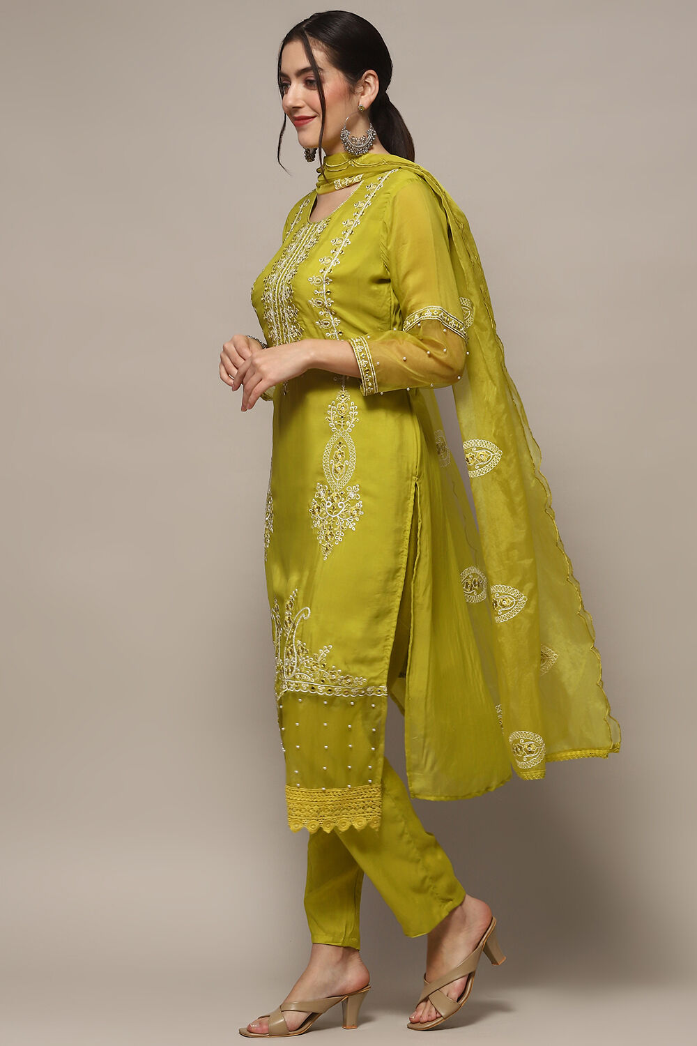 Lime Organza Unstitched Suit set image number 5