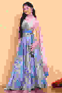 Electric Blue Printed Flared Lehenga Set image number 3