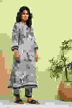 Grey Floral Printed Shantoon Kurta Pants Set image number 5