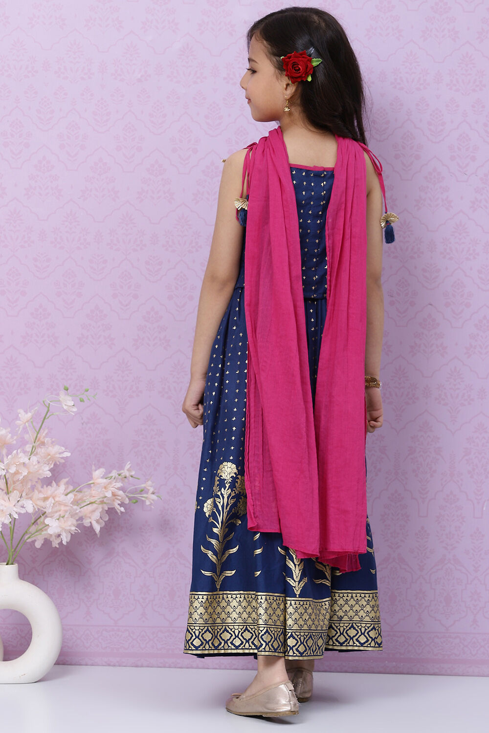 Pink Cotton Floral Printed Flared Festive Lehenga Set image number 4