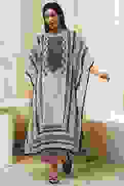 Beige and Black Printed Kaftan-Style Kurta Set image number 5