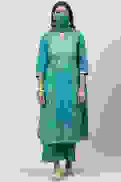 Peacock Green Cotton Straight Kurta Palazzo Suit Set image number 6