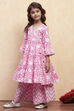 Pink Cotton Angrakha Tiered Kurta Set image number 3
