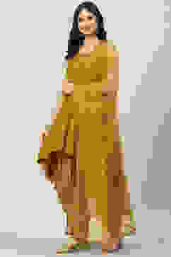 Mustard Art Silk Asymmetric Kurta Dhoti Salwar Suit Set image number 5