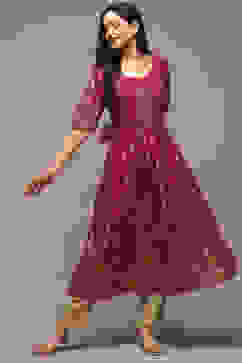 Wine Cotton Flared Printed Kurta image number 0