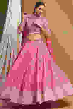 Coral Cotton Blend Embroidered Lehenga Set image number 0