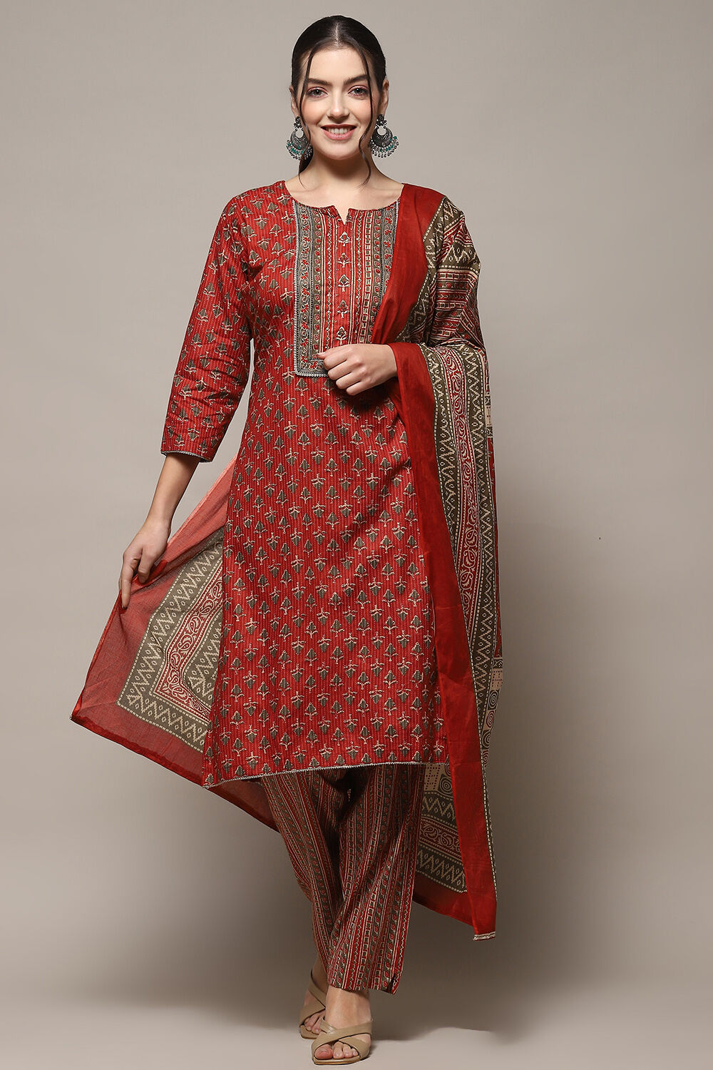 Red Cotton Unstitched Suit set image number 1