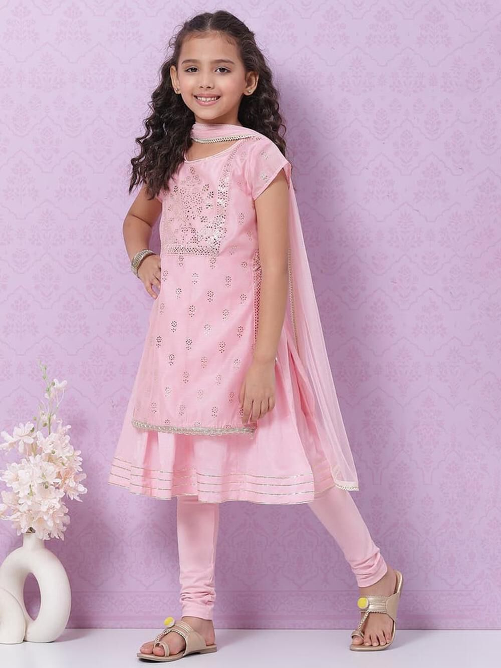 Pink Cotton Blend Flared Kurta Churidar Suit Set image number 6